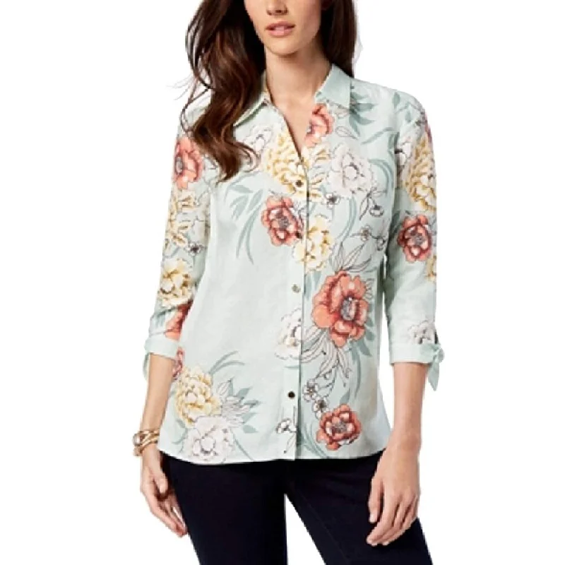 JM Collection Women's Petite Tie-Sleeve Shirt Botanical Garden Size 12 - Mint - 12"