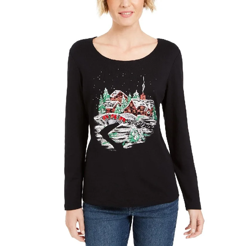 Karen Scott Women's Glitter Graphic Holiday Shirt Black Size Small