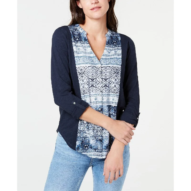 Lucky Brand Women's Cotton Print-Front Roll-Tab Shirt Navy Size Medium