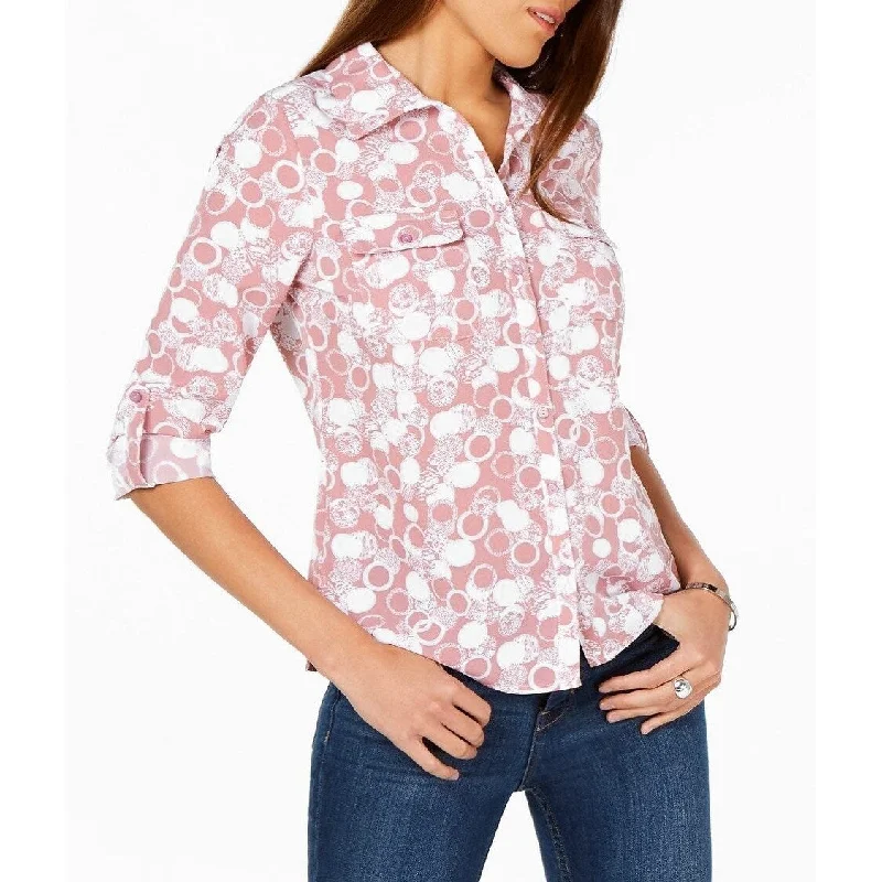 NY Collection Women's Petite Printed Utility Shirt Pink Size Extra Small - Extra Small