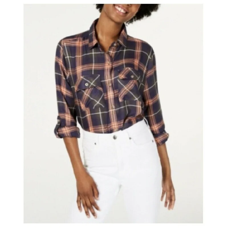 Polly & Esther Women's Plaid Utility Shirt Peach Size Extra Small