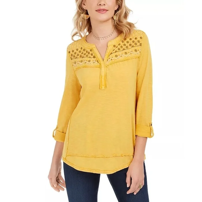 Style & Co Women's Embroidered Cotton Jersey Shirt Gold Size Medium