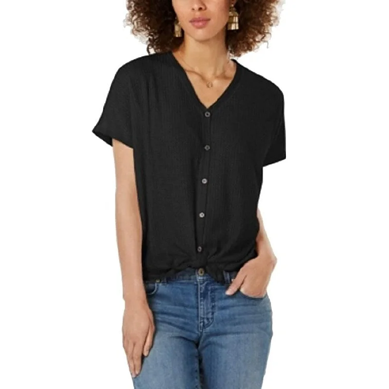 Style & Co Women's Petite Textured Tie-Hem Shirt Black Size Medium