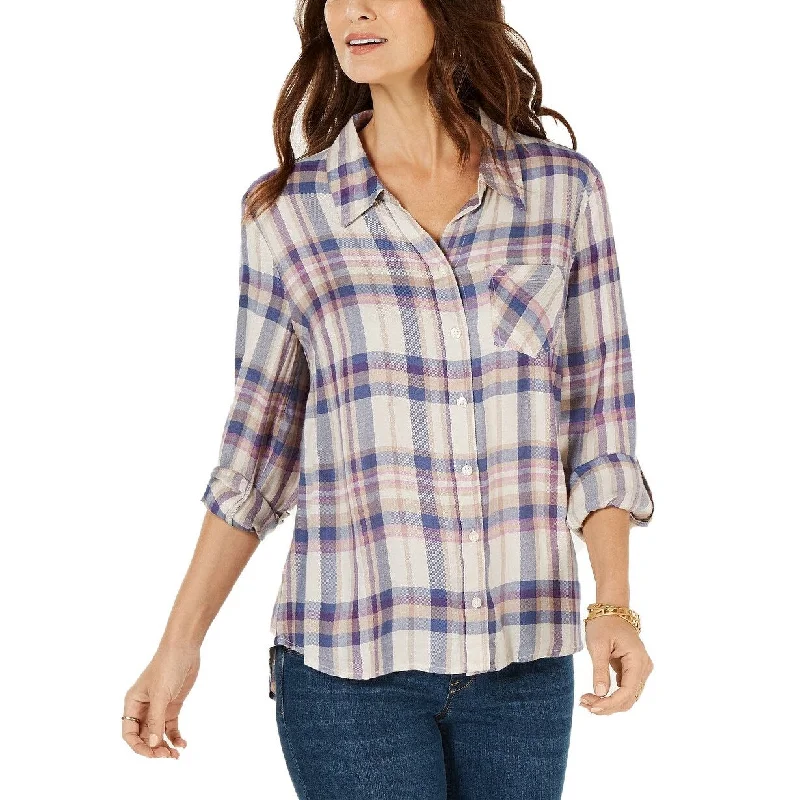 Style & Co Women's Plaid Roll-Tab Shirt Multi Size Medium