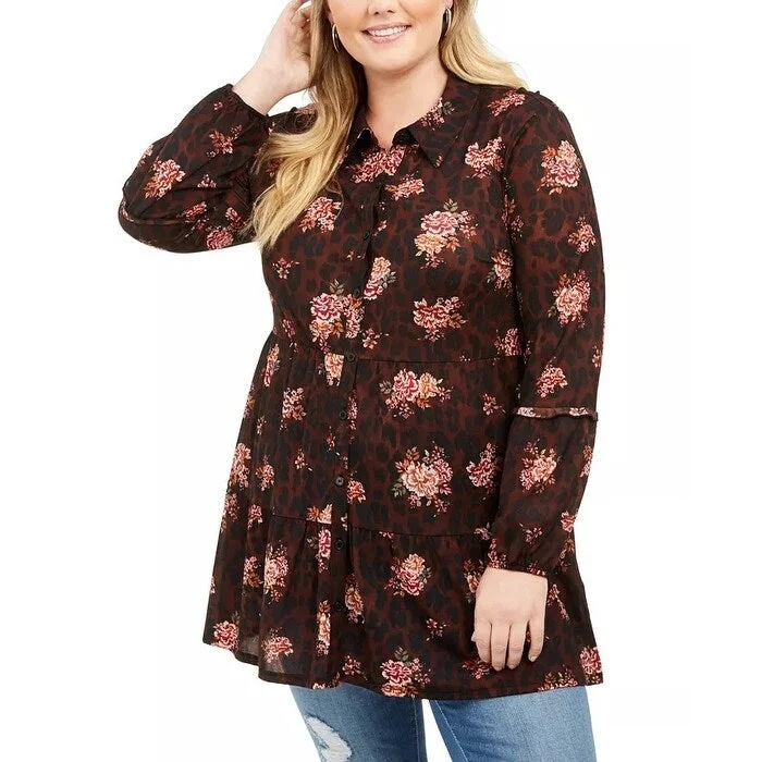 Style & Co Women's Printed Long Button Up Shirt Brown Size 2X