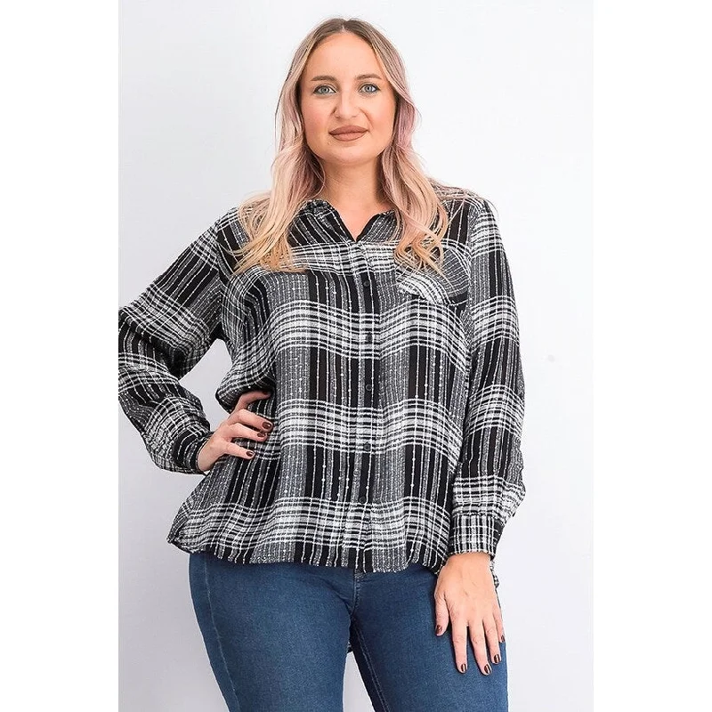 Style & Co Women's Sparkle Plaid Shirt Black Size Extra Small