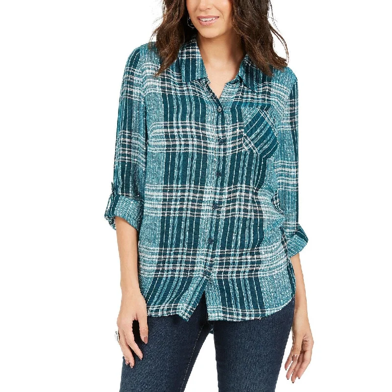 Style & Co Women's Sparkle Plaid Shirt Green Size Extra Large