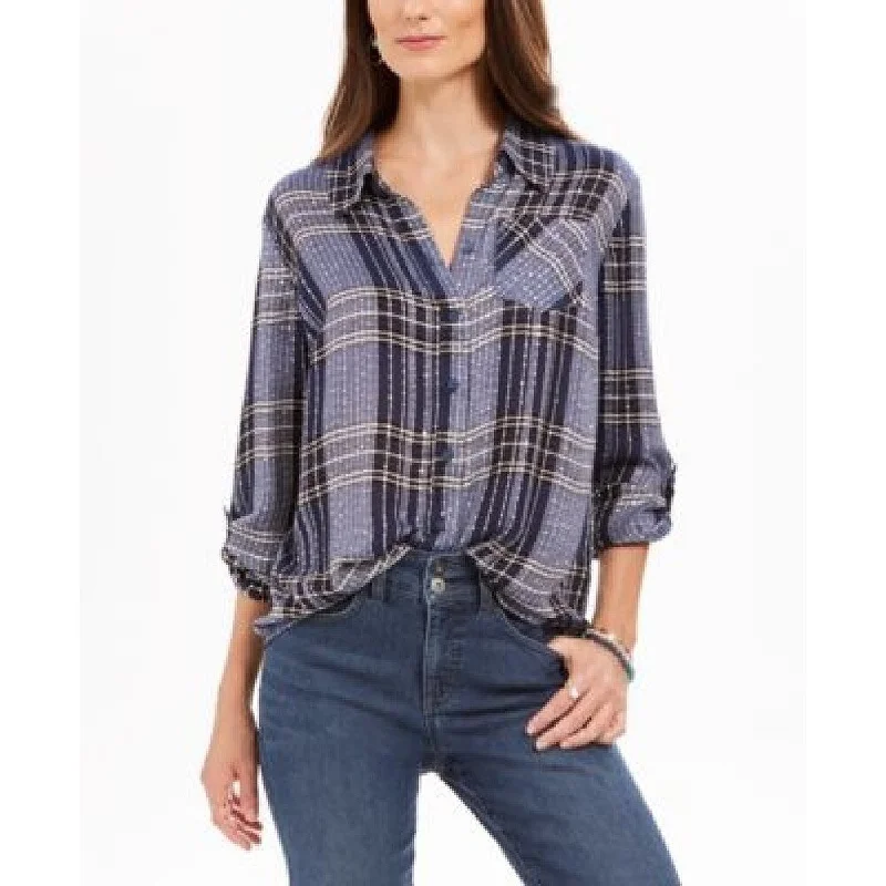 Style & Co Women's Sparkle Plaid Shirt Purple Size Medium