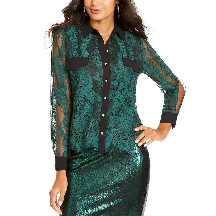 Thalia Sodi Women's Mixed Media Button Up Shirt Green Size Medium