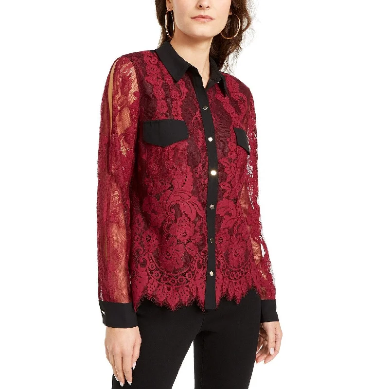 Thalia Sodi Women's Mixed-Media Button-Up Shirt Wine Size Small