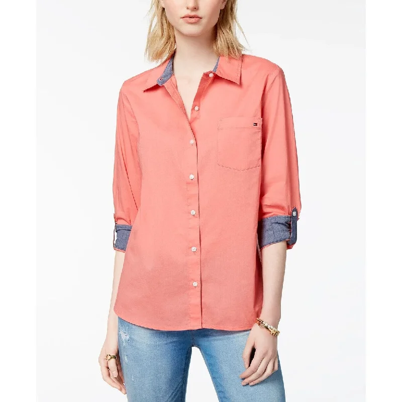 Tommy Hilfiger Women's Cotton Roll Tab Shirt Pink Size XX-Large