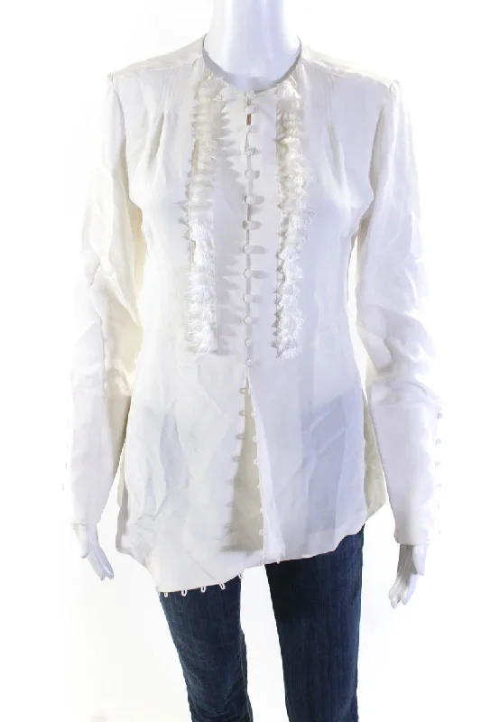 Derek Lam Womens Long Sleeve Button Front Fringe Shirt Blouse White