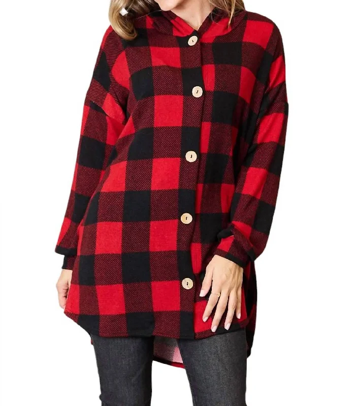 Full Size Plaid Button Front Hooded Shirt In Black/red