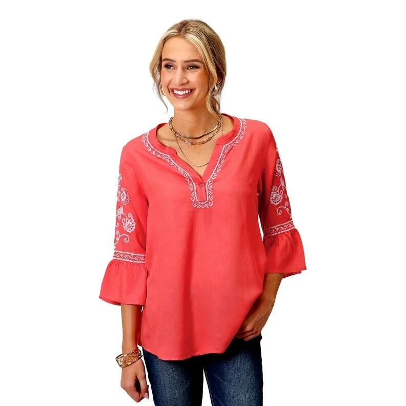 Roper Western Shirt Womens 3/4 Embroidery Orange 03-050-0565-3022 OR