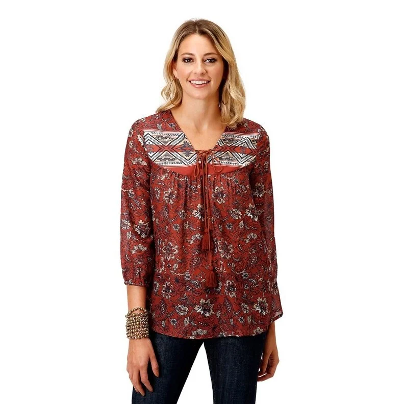 Roper Western Shirt Womens 3/4 Sleeve Blouse Rust 03-050-0590-7039 RT