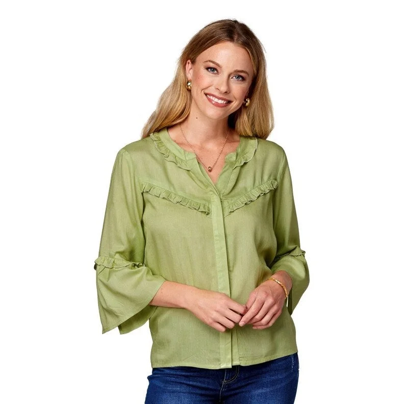 Roper Western Shirt Womens 3/4 Sleeve Ruffle Green 03-050-0592-5009 GR