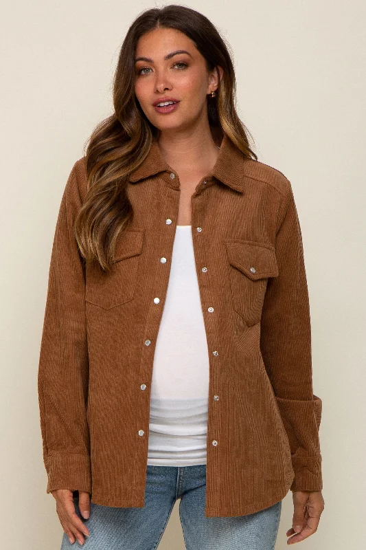 Camel Corduroy Button Front Long Sleeve Maternity Top