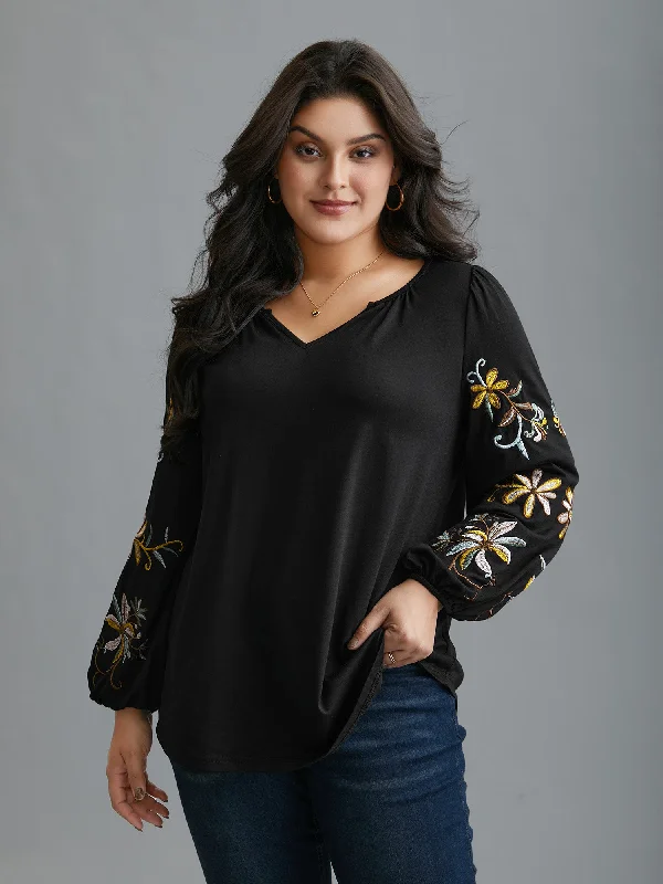 Floral Embroidered Sleeve Notched Neckline T-shirt