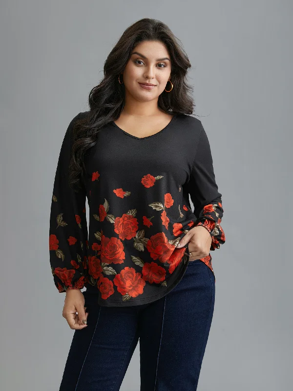 Floral Hem V-Neck Stretchy T-shirt