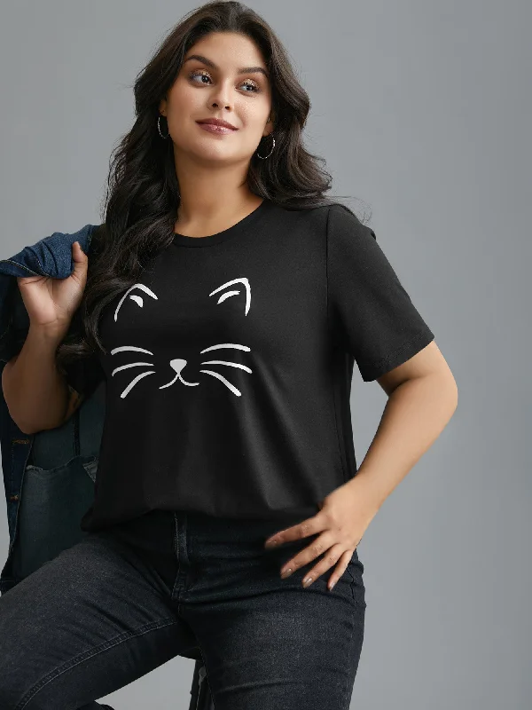 Meow Print Round Neck Slim-Fit T-shirt