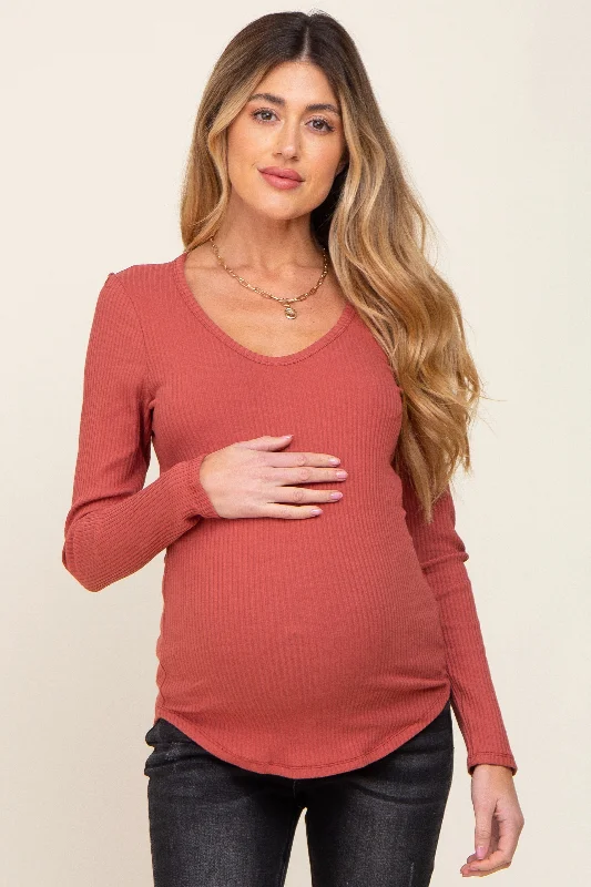 Rust Ribbed Scoop Neck Long Sleeve Maternity Top