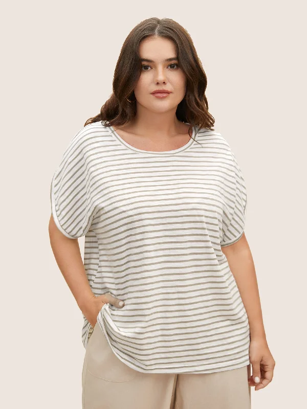 Cotton Striped Print Round Neck Petal Sleeve T-shirt