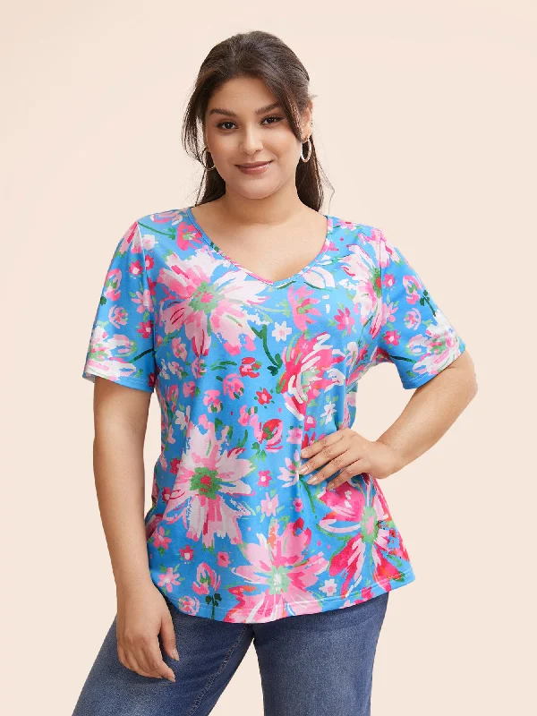 V Neck Natural Flowers T-shirt