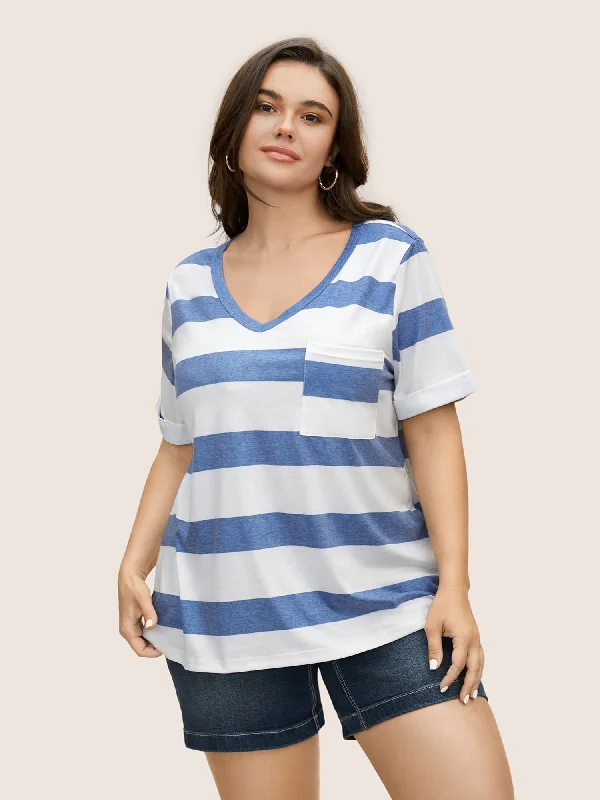 V Neck Striped Patched Pocket T-shirt