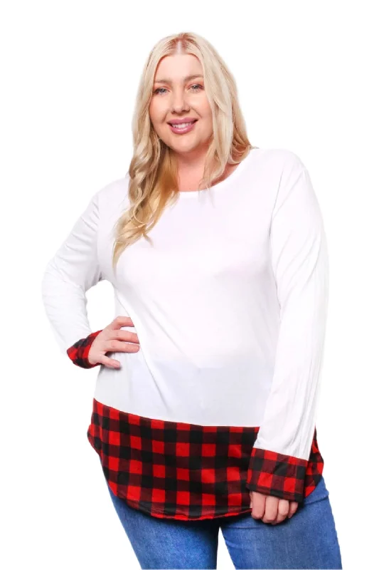 Women's Plus Long Sleeve Round Neck Plaid Detail Top