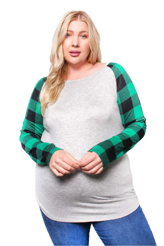 Women's Plus Long Sleeve Round Neck Plaid Raglan Top