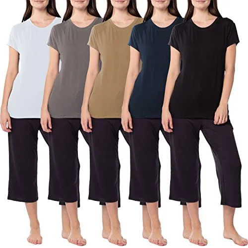 5 Pack Women's Crew-Neck Rayon Cotton Short Sleeve T-Shirts