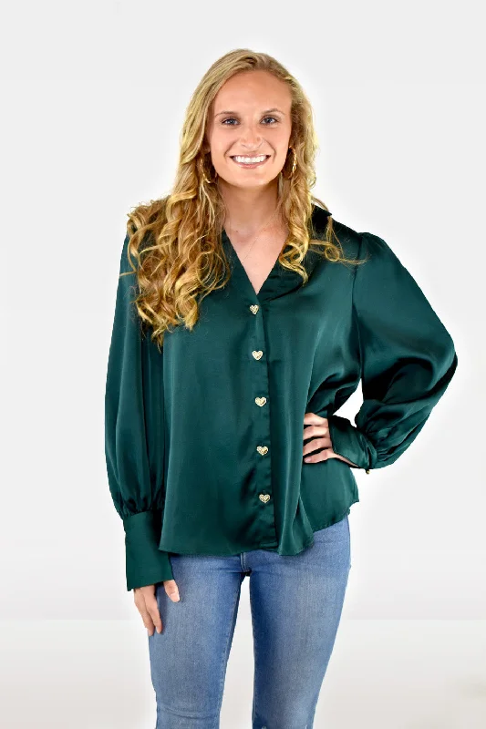 Satin Long Sleeve Blouse with Heart Shaped Buttons by Entro Clothing