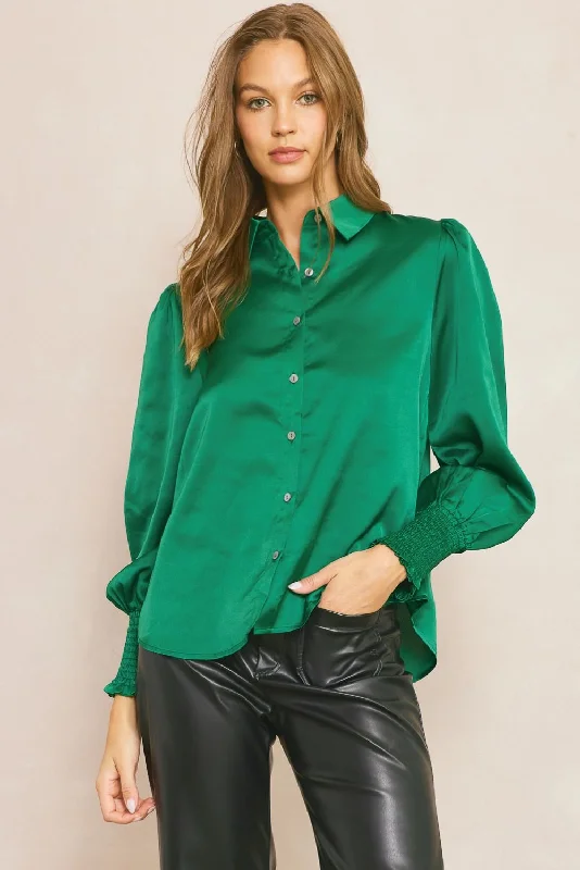 Satin Long Sleeve Button Up Blouse with Smocked Wrists by Entro Clothing