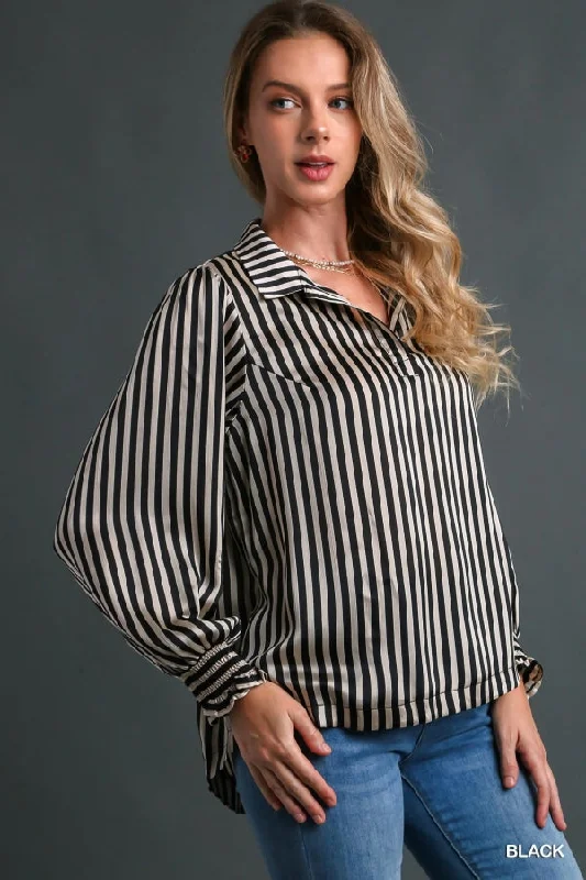 Satin Stripe Split Neck Long Sleeve Blouse by Umgee Clothing