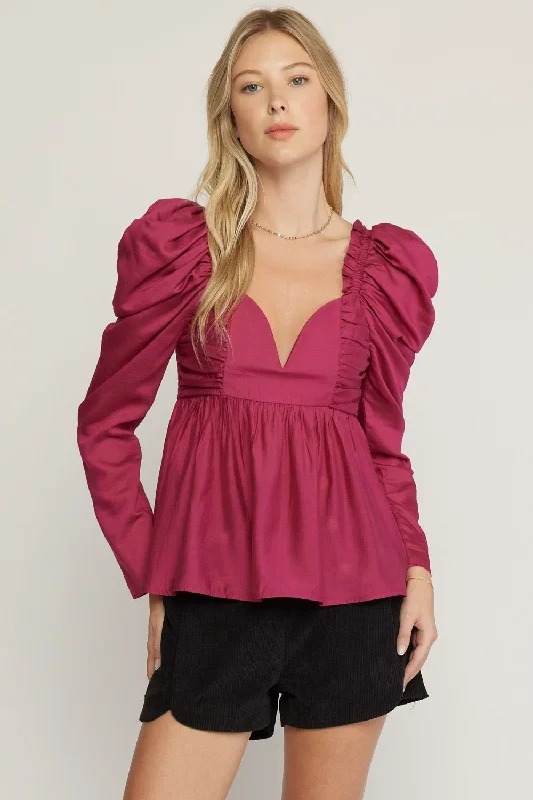 Sweetheart Neck Puff Shoulder Long Sleeve Top by Entro Clothing