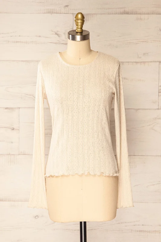 Toulon Beige | Long Sleeve Lace-Knit Top