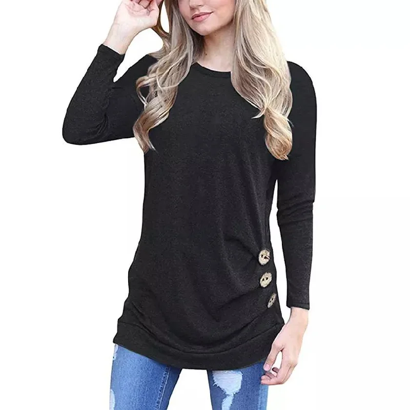 Women Elegant Long Sleeve Round Neck Loose Blouse Tops