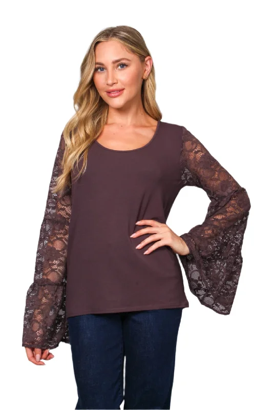 Women's Lace Long Sleeve Scoop Neck Solid Top