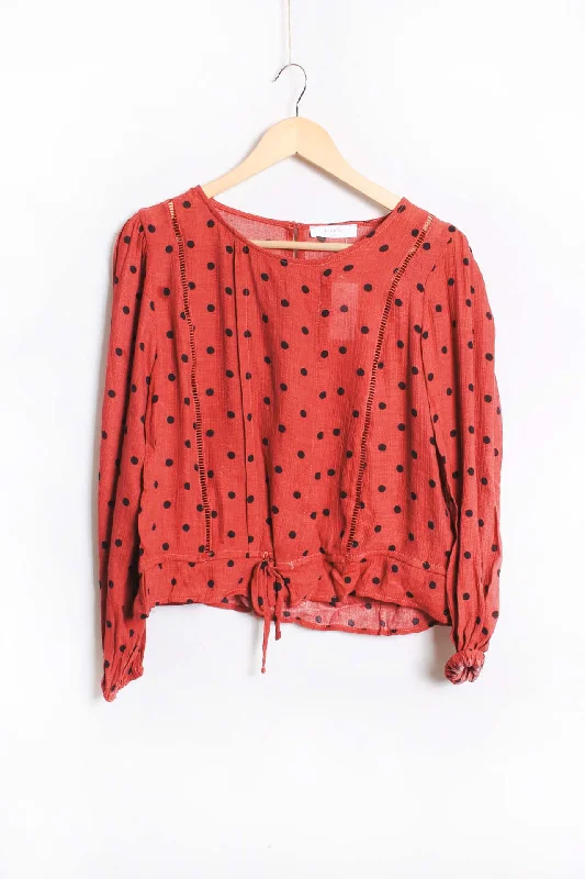 Women's Long Sleeve Cinch Waist Polka Dot Blouse Top