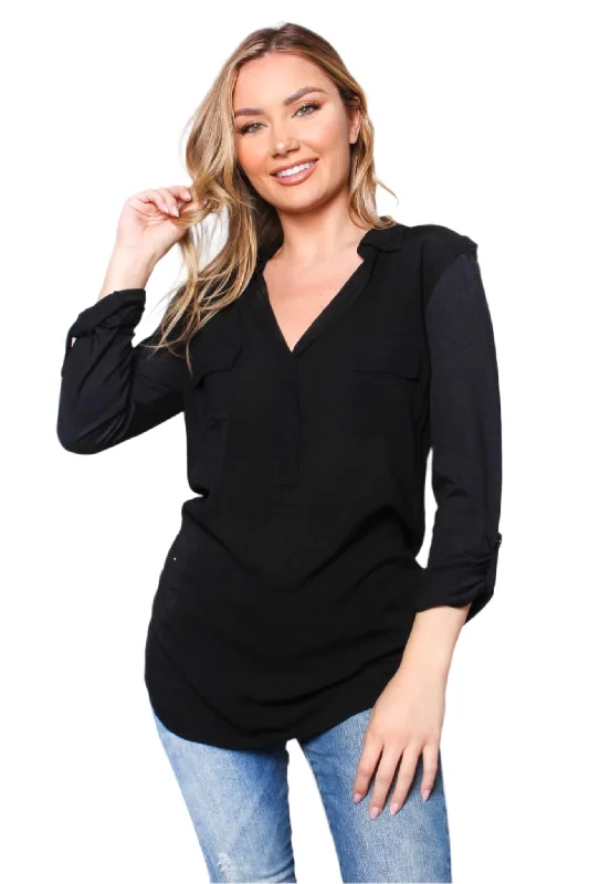 Women's Long Sleeve Collared Double Pocket Top