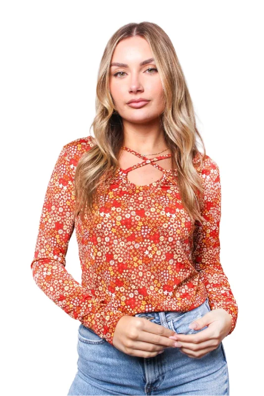 Women's Long Sleeve Crisscross Front Floral Print Top