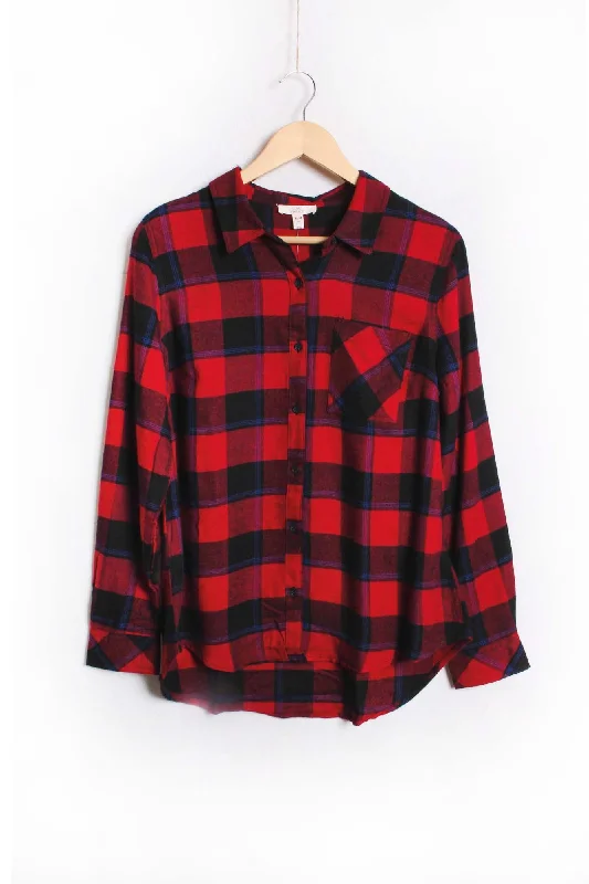 Women's Long Sleeve One Pocket Plaid Top