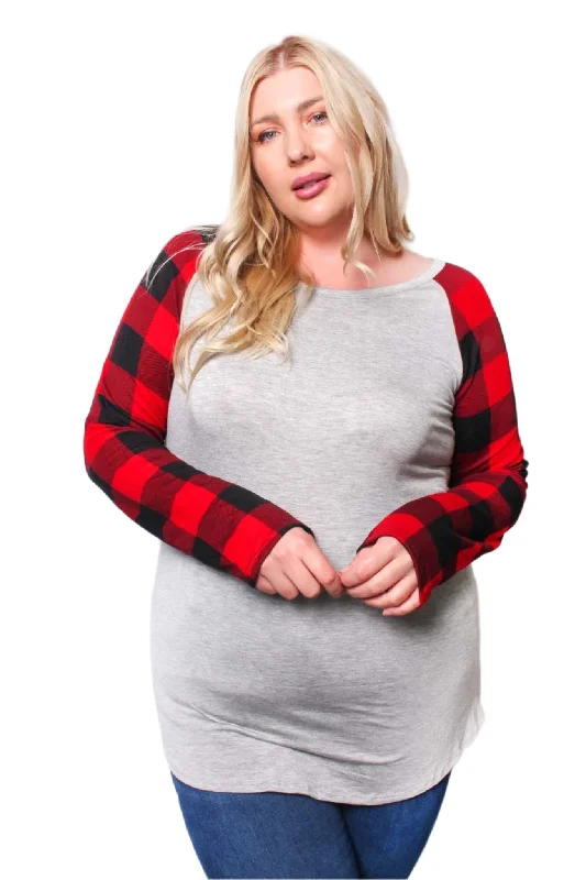 Women's Plus Long Sleeve Round Neck Plaid Raglan Top