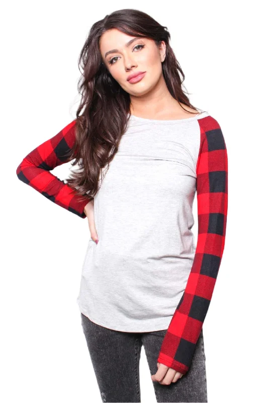 Women's Long Sleeve Round Neck Plaid Raglan Top