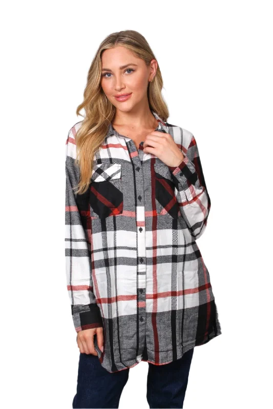 Women's Long Sleeve Two Pocket Plaid Top