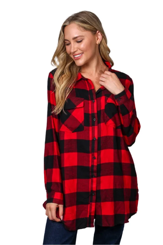 Women's Long Sleeve Two Pocket Plaid Top