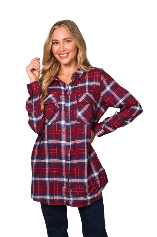 Women's Long Sleeve Two Pocket Plaid Top