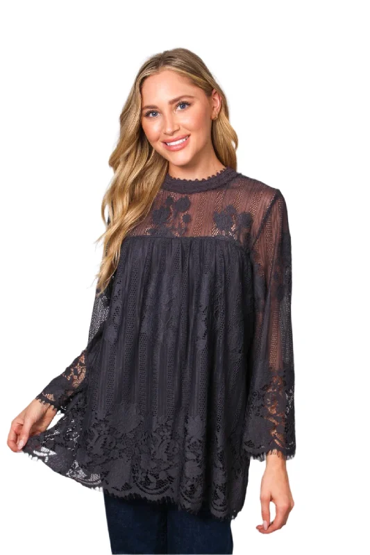 Women's Long Sleeve Zip Up Lace Embroidered Top