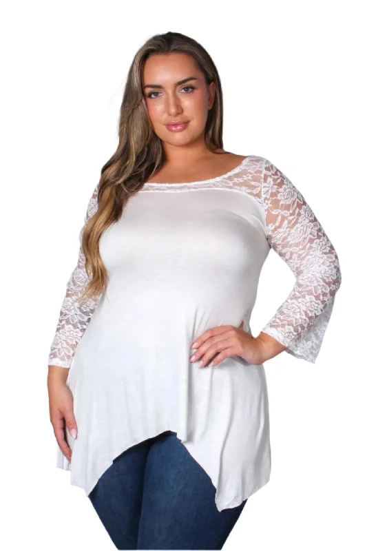 Women's Plus Lace Long Sleeve Hi Low Hem Solid Top