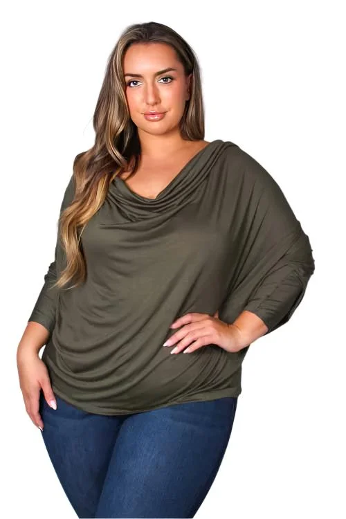 Women's Plus Long Sleeve Cowl Neck Solid Top